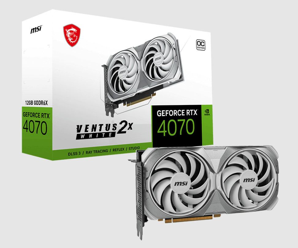  nVIDIA GeForce RTX 4070 VENTUS 2X WHITE 12G OC<br>Boost Mode: 2505 MHz, 1x HDMI/ 3x DP, Max Resolution: 7680 x 4320, 1x 8-Pin Connector, Recommended: 650W  